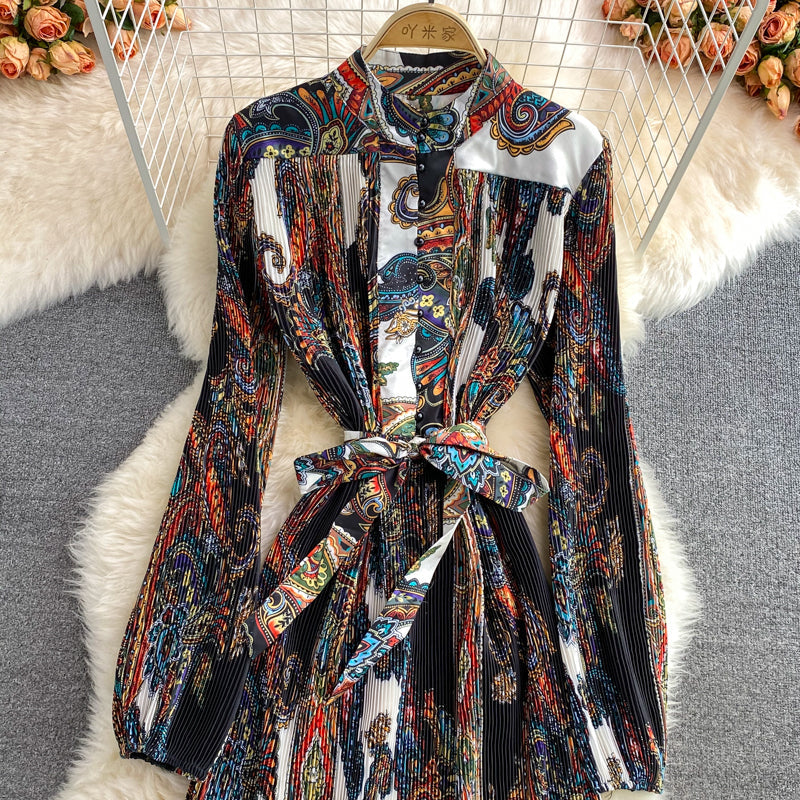 Temperament stand collar printed Pleated Dress  3362
