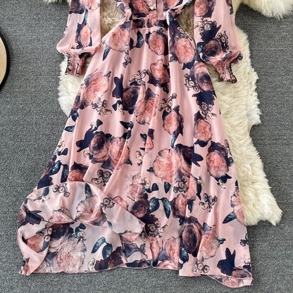Slim waist and slim temperament French Vintage Chiffon Dress  3198
