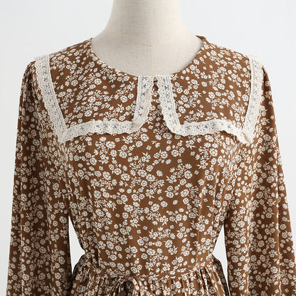 Dress gentle wind long sleeved chiffon skirt with slim waist and long Lapel skirt  2175