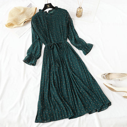 Wave point dress new autumn and winter dress French retro broken flower chiffon long skirt  2128