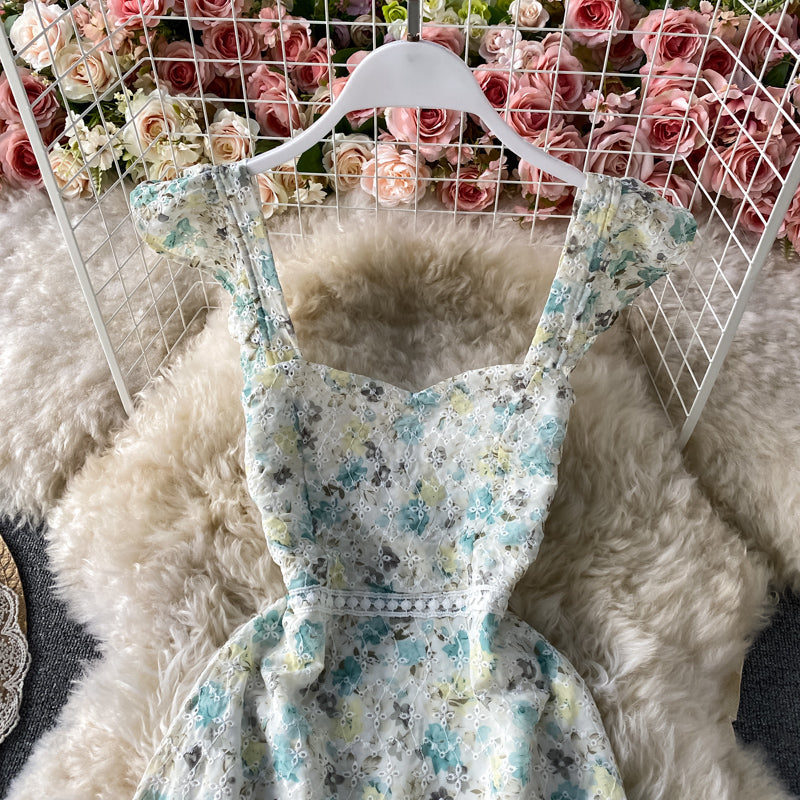 French retro suspender Lace Embroidery Floral Dress  3436