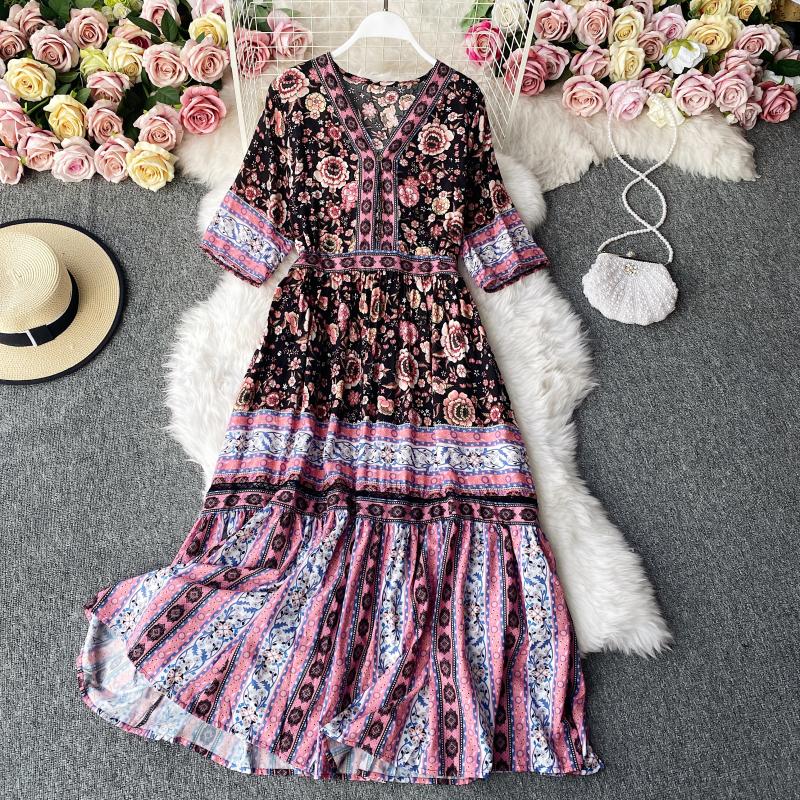 Ruffle floral dress big skirt holiday gentle wind long skirt  3141