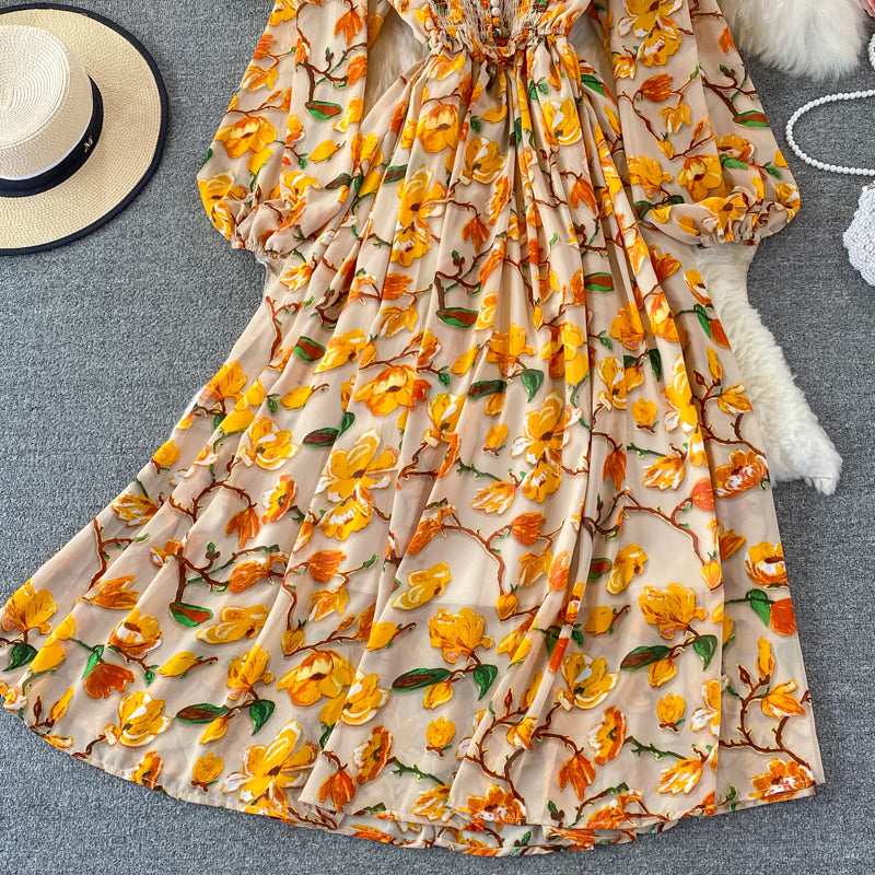 Bubble sleeve gentle wind sweet floral skirt  3265