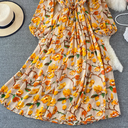 Bubble sleeve gentle wind sweet floral skirt  3265