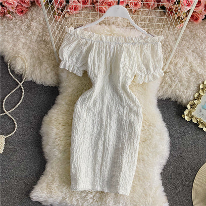 Retro sweet waist closed thin off shoulder backless dress  2889
