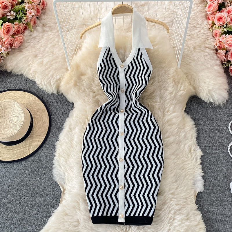 Sexy V-neck hanging neck exposed backpack hip knitted dress  3327
