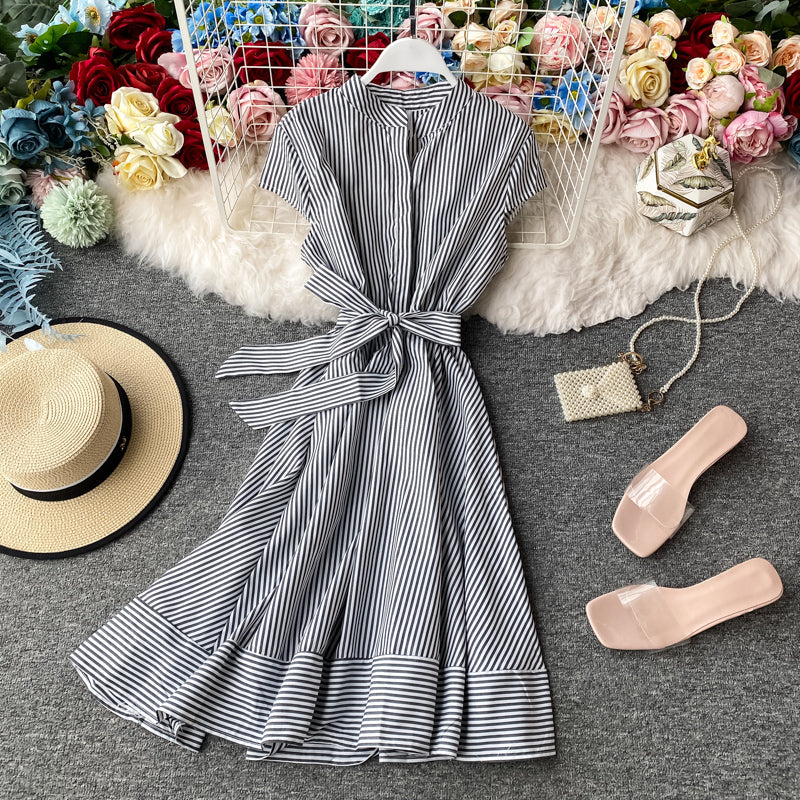 Striped light mature dress with slim waist  2947
