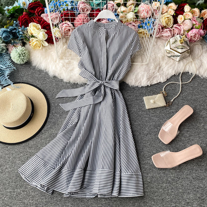 Striped light mature dress with slim waist  2947