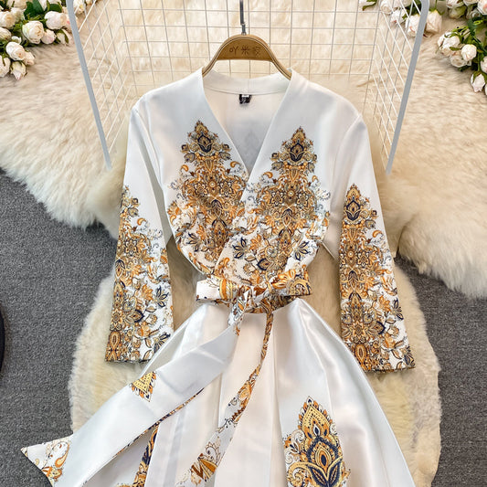Court Vintage printed long sleeved dress with large swing  3382