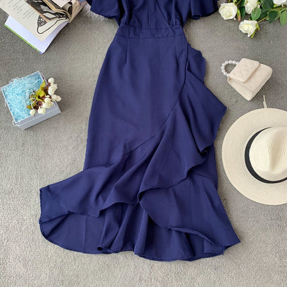 Ruffle front short back irregular middle skirt irregular dress  3400
