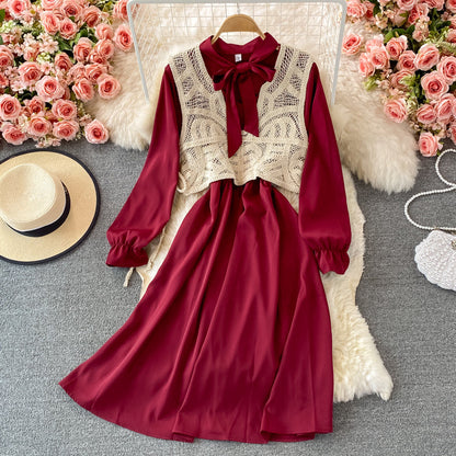 Korean long sleeved bow dress with slim waist  2862