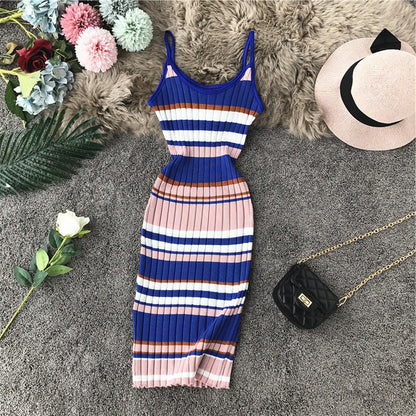Hip Wrap color stripe suspender knit dress  3278