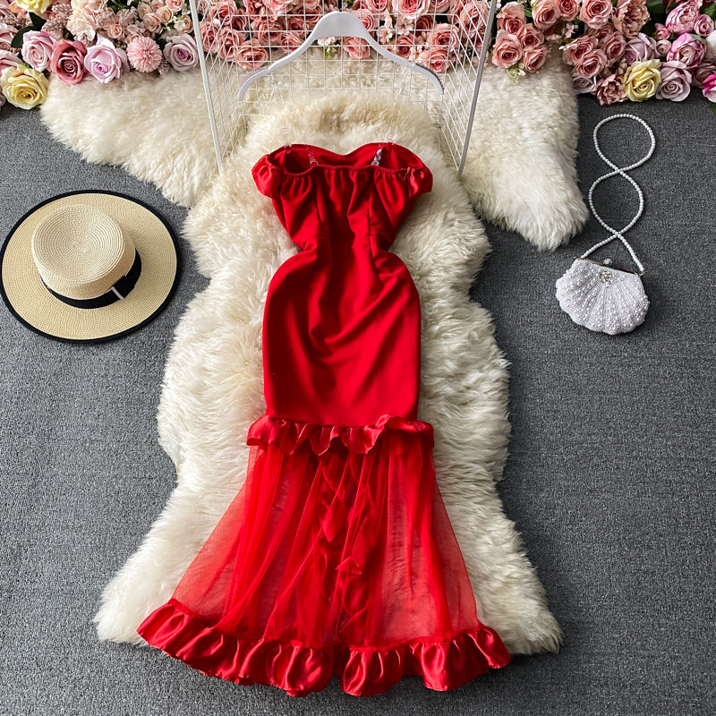 Sexy Strapless exposed shoulder bag hip fishtail dress  3289