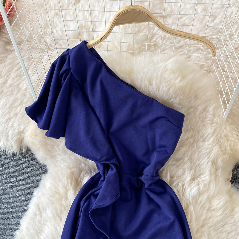 Sexy ruffled diagonal neckline backless dress  2974