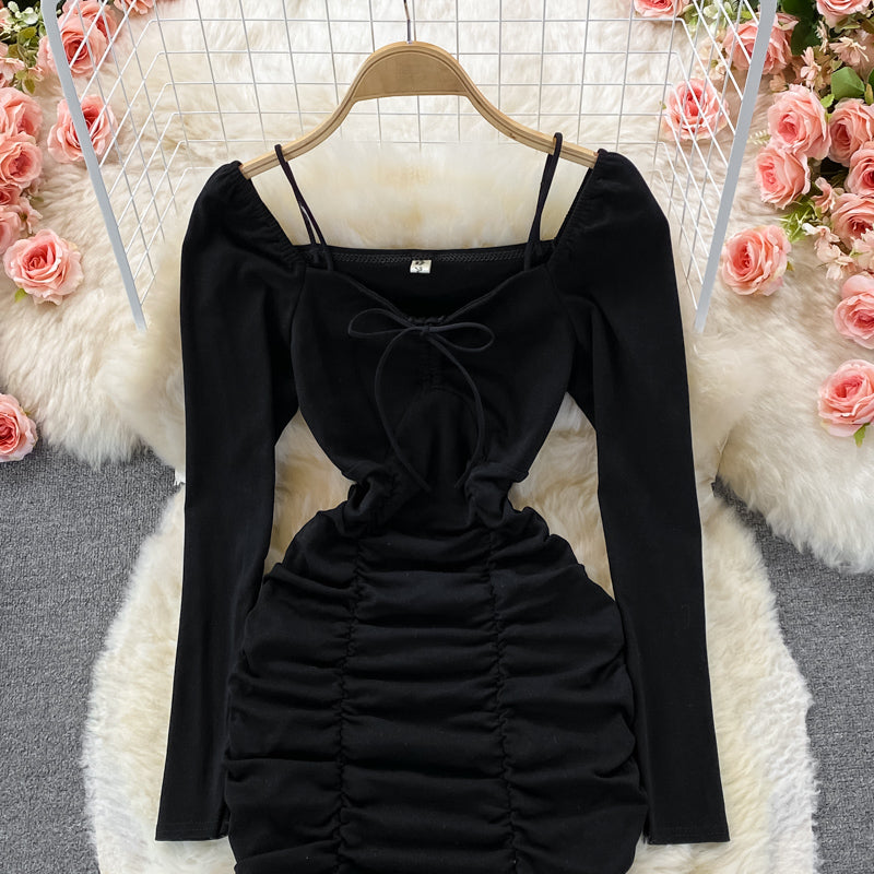 Sexy bubble sleeve slim fit lace up pleated square neck wrap hip dress  2917