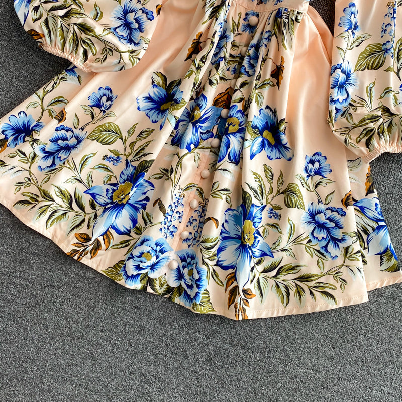 High waist slim single breasted medium length V-neck Printed Dress  3012