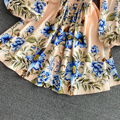 High waist slim single breasted medium length V-neck Printed Dress  3012