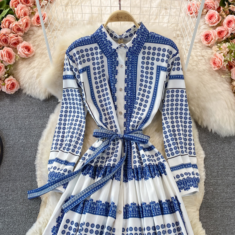 Gentle print lace up Lapel single breasted dress  3368