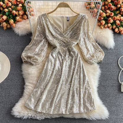 Celebrity light luxury Sequin short high-end V-neck dress  3068