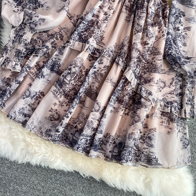 Retro ink painting square neck dress  3000