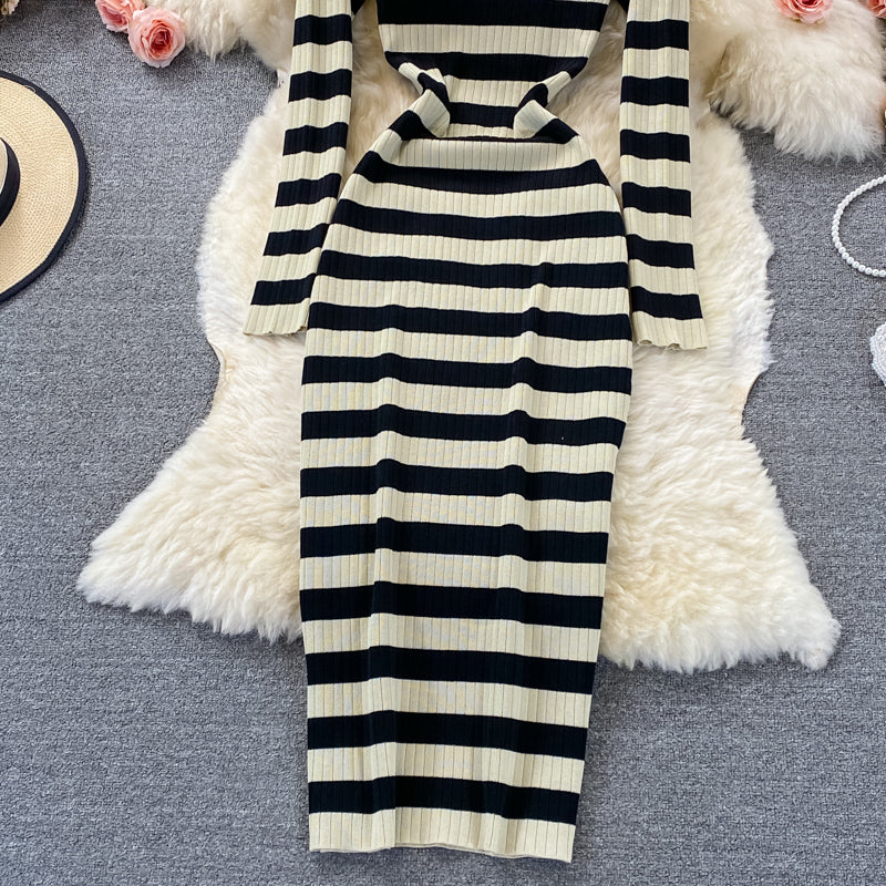 Elastic tight round neck Long Sleeve Striped knitted dress  2853