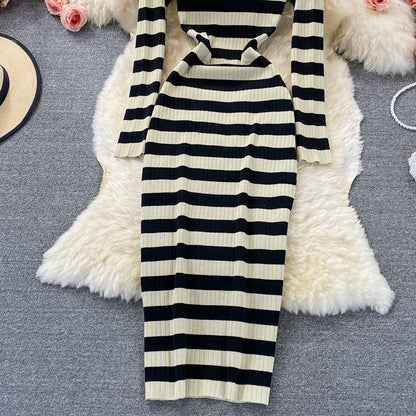 Elastic tight round neck Long Sleeve Striped knitted dress  2853