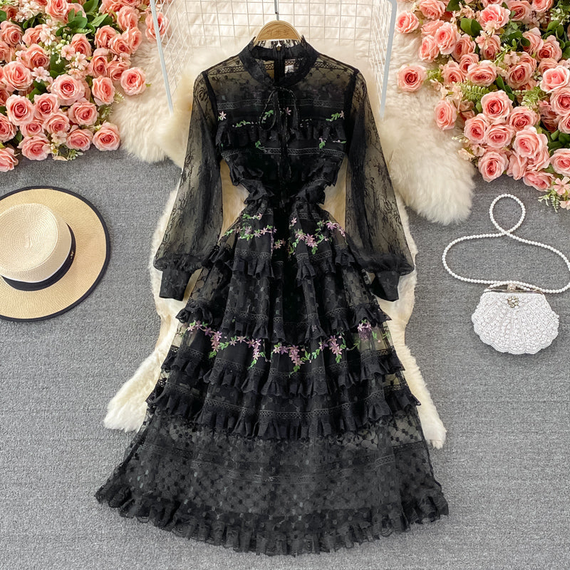 Light luxury stand collar embroidered lace dress  3370