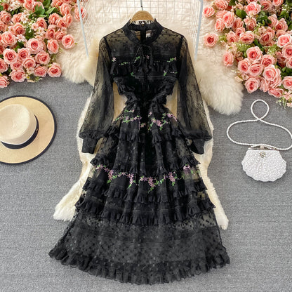Light luxury stand collar embroidered lace dress  3370