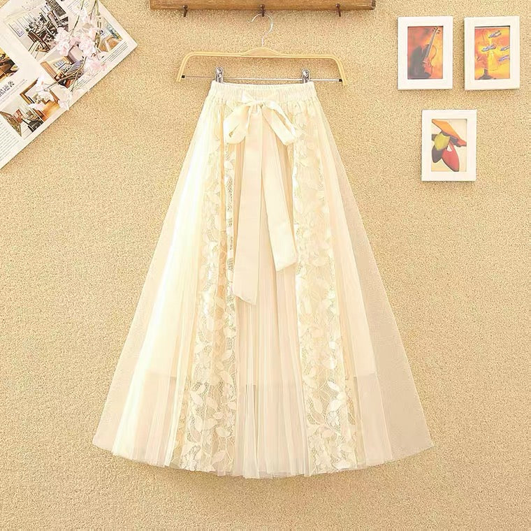 Fairy swing skirt, new style, bow, lace stitching, mesh high waist skirt, shaggy long gauze skirt  3520