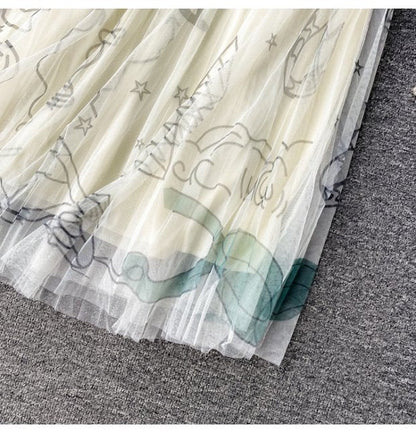 High waist, A-line big swing printed gauze skirt, pleated skirt, mid length skirt gauze skirt  3522