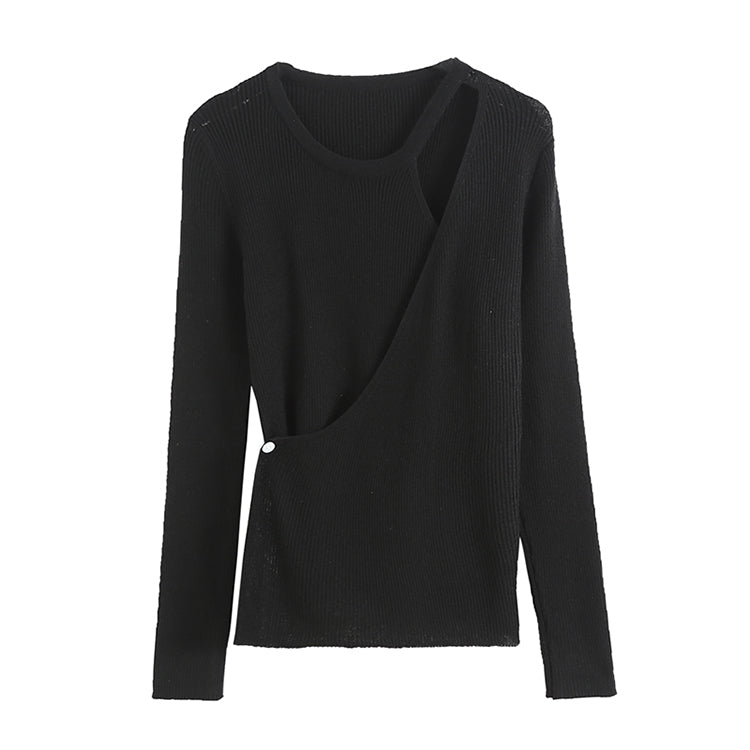 Design sense irregular knit shirt female autumn slim fit pure color bottomed shirt  7267