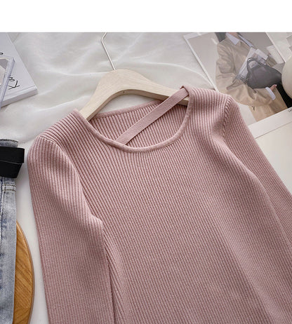 Design sense crew neck T-shirt solid color versatile long sleeve bottoming shirt  6693