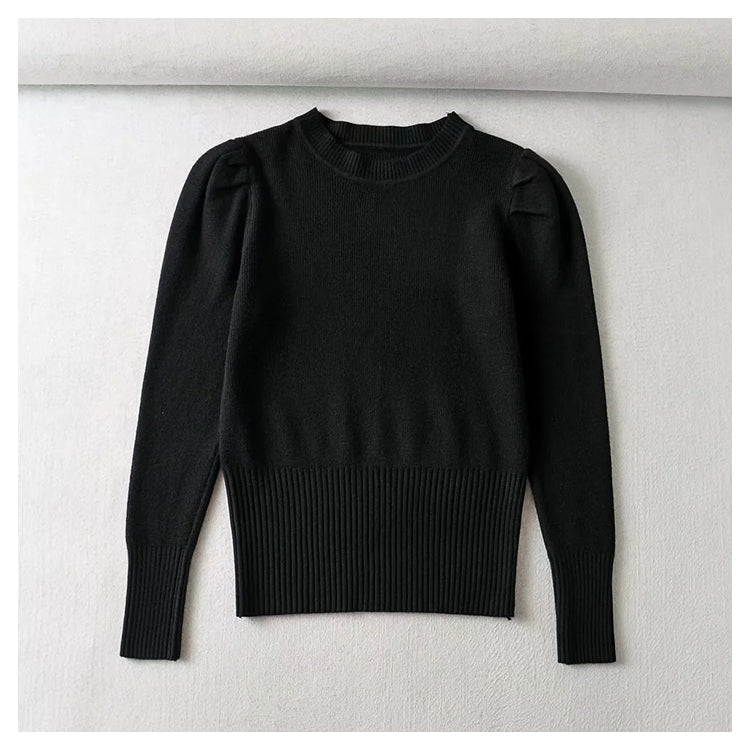 Round neck bubble sleeve elastic slim knit sweater  7444