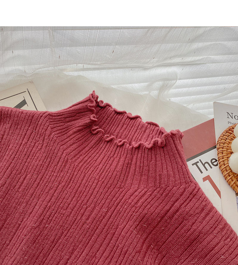 Stand collar long sleeve design slim fit bright silk sweater  6496