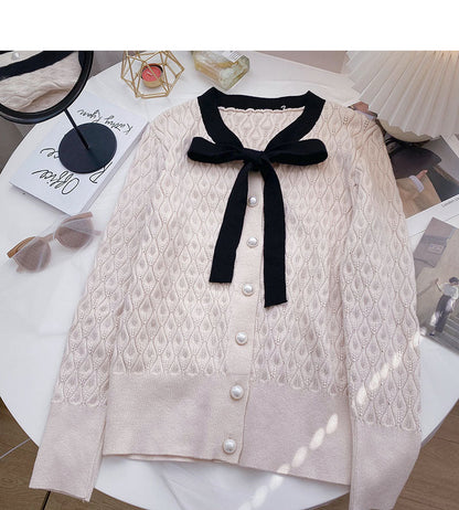 Twist knit shirt gentle bandage pearl buckle long sleeve top  6692