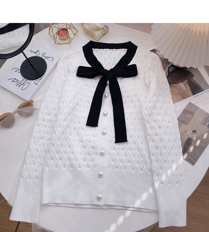 Twist knit shirt gentle bandage pearl buckle long sleeve top  6692