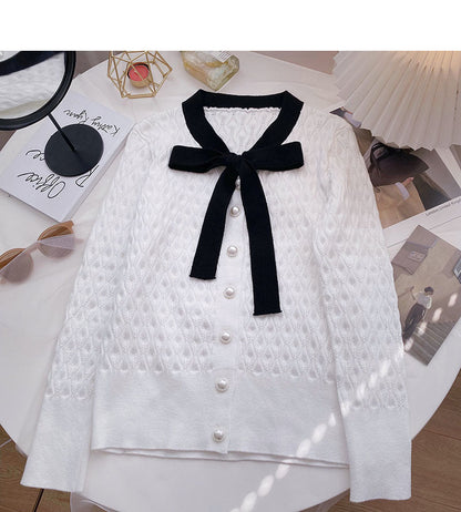 Twist knit shirt gentle bandage pearl buckle long sleeve top  6692