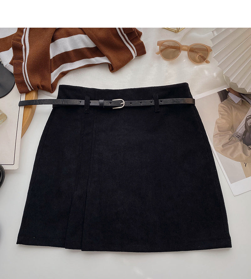 Niche solid color pleated high waist A-line skirt with belt  5579