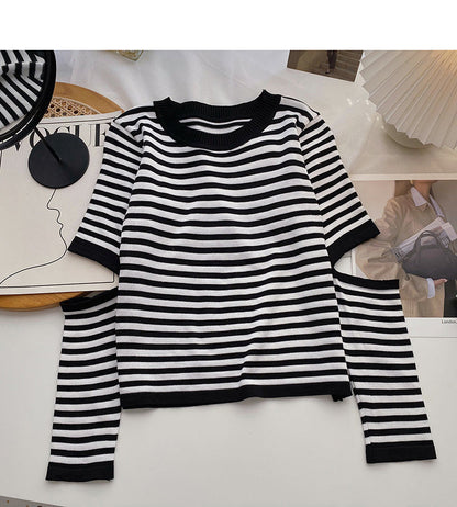 Design sense hollowed out long sleeve sweater slim striped top  6602