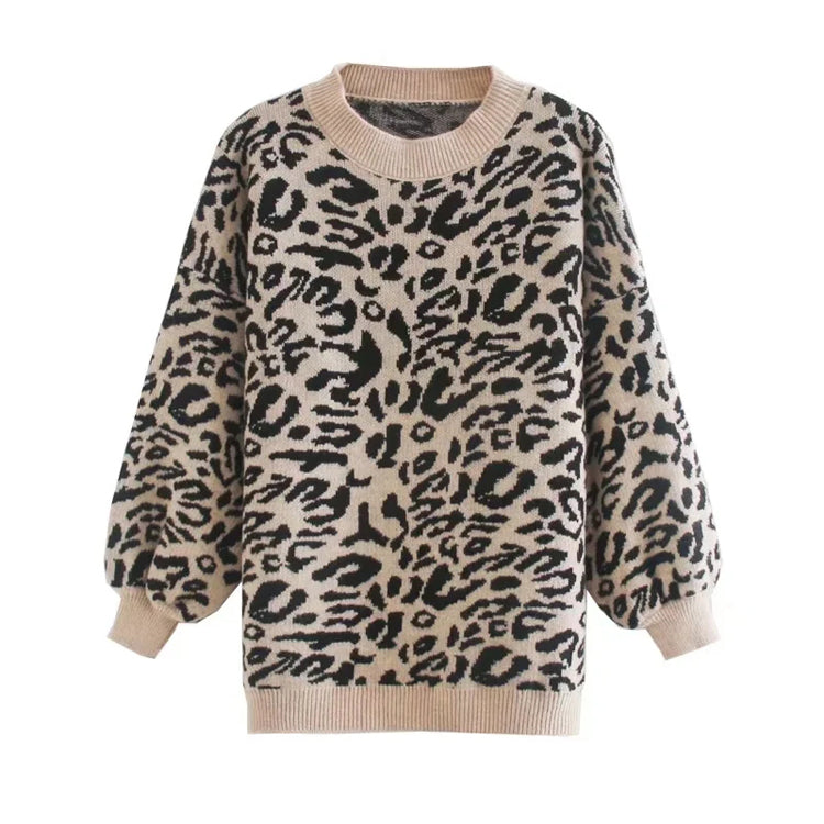 Loose Pullover lazy long sleeve leopard jacquard sweater  7464