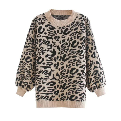 Loose Pullover lazy long sleeve leopard jacquard sweater  7464