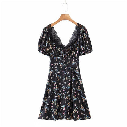 Small floral skirt sexy waist closing bubble sleeve  7140