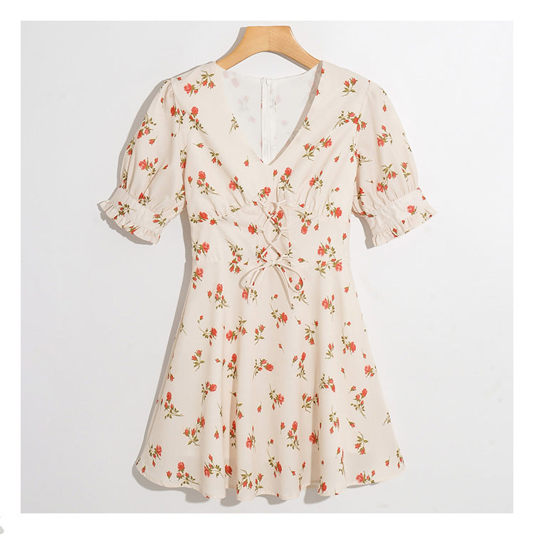 New fashion versatile flower print V-neck slim bandage bubble sleeve dress  7025
