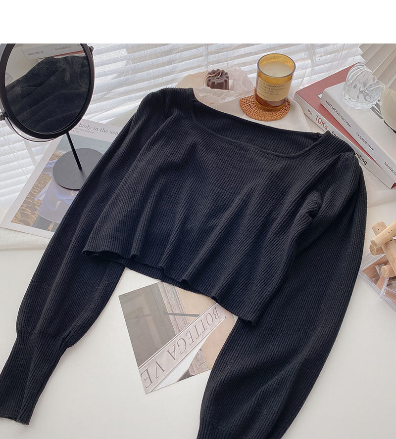 Simple solid color square neck long sleeve short top  6679