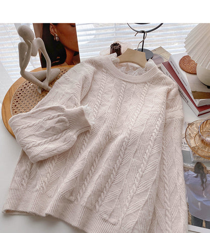 Sweet retro lace edge long sleeve Pullover thin loose top  6020