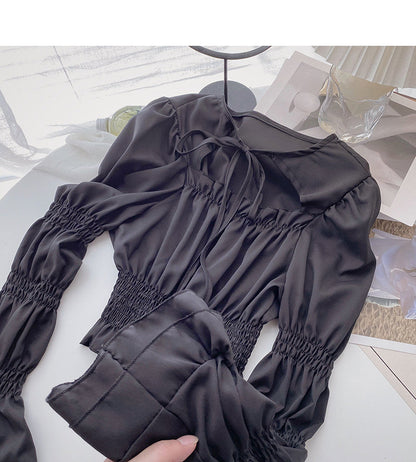 Square Neck Lace Up hollowed out trumpet sleeve top  6291