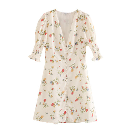 Light luxury holiday style French minority printed front breasted dress  7043