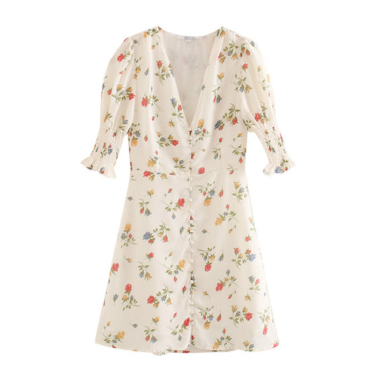 Light luxury holiday style French minority printed front breasted dress  7043