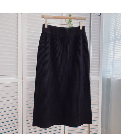 Korean casual solid color simple high waist split A-line skirt  5801