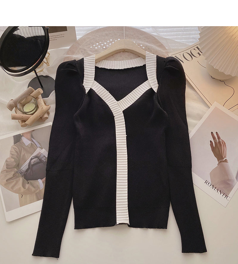 French square neck contrast thin long sleeve sweater  6625
